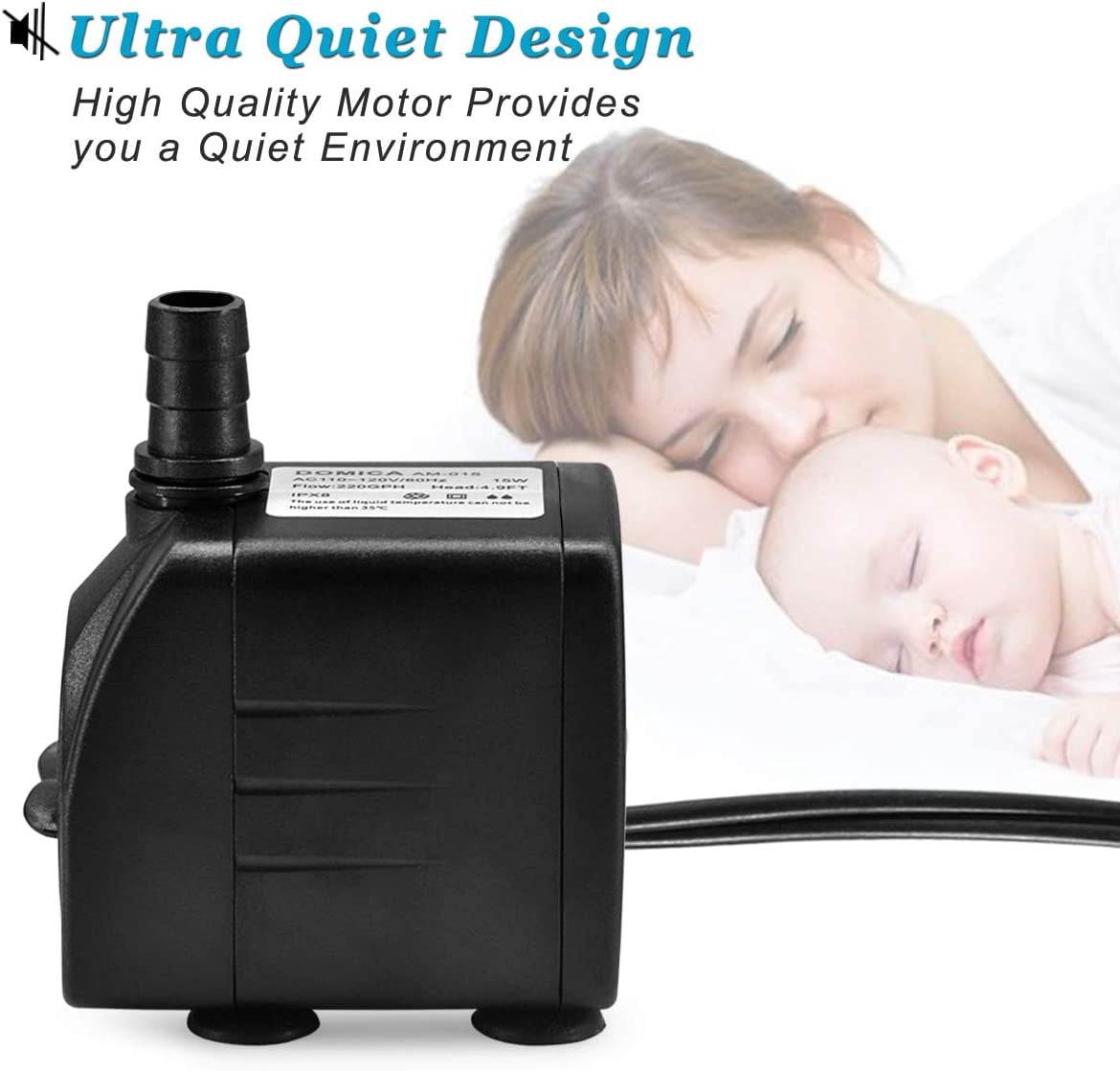 220GPH Ultra Quiet Fountain Pump (15W 800L/H), Small Submersible Pump for Pond, Water Feature, Aquariums, Hydroponics, Indoor or Outdoor Fountain
