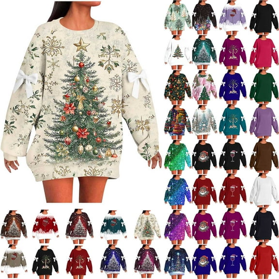 Horkkom Christmas Sweatshirts for Women Holiday Christmas Tree Graphic Sweatshirts Funny Party Christmas Sweaters L