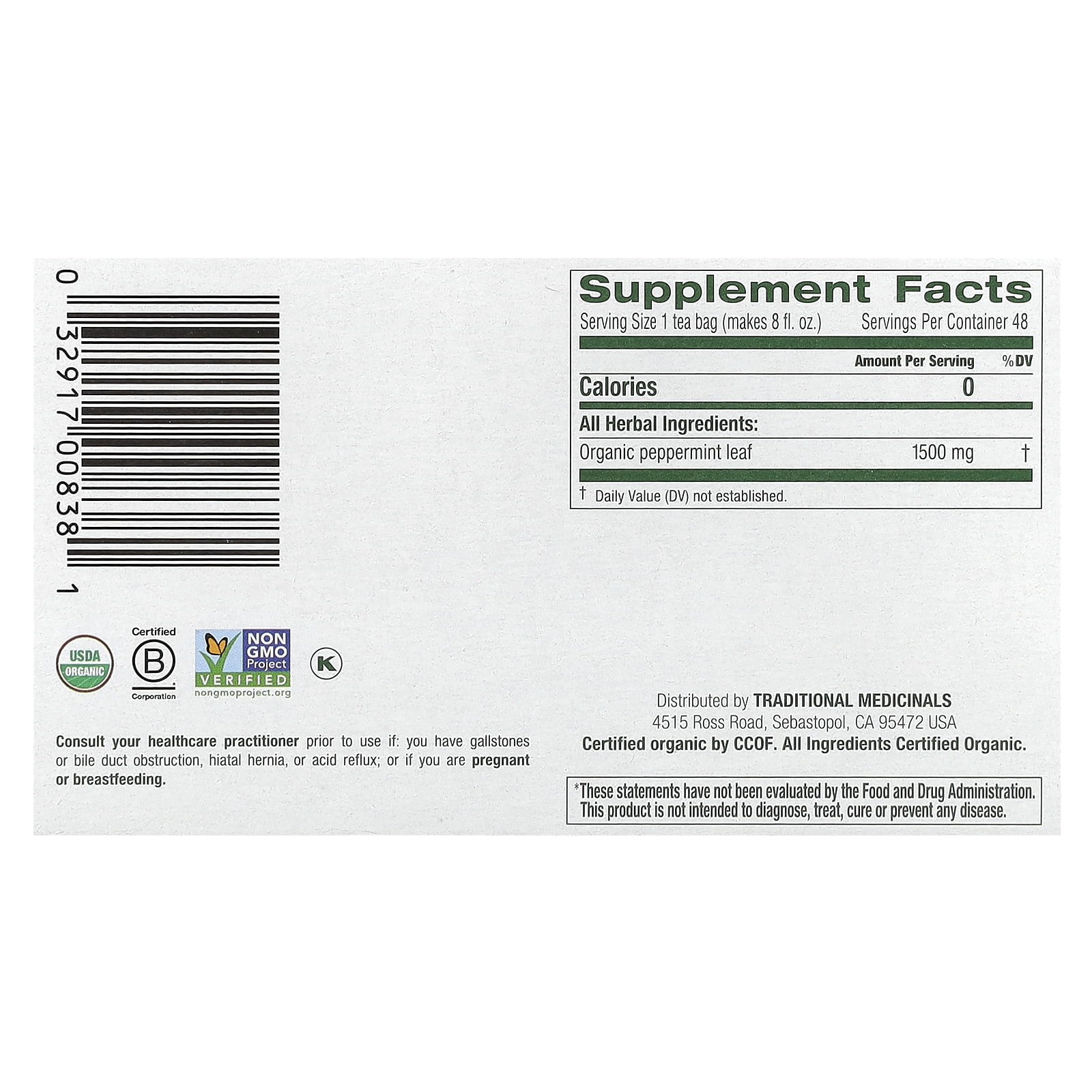 Traditional Medicinals Herbal Tea, Organic Peppermint, Caffeine Free , 48 Tea Bags, 2.53 oz (72 g)