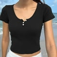 thumbnail image 2 of Afdoent T Shirts For Women Spring Summer Solid Color Button Crew Neck Short Sleeve Casual T Shirt Top Fashion Outfits Trendy Clothes, 2 of 6