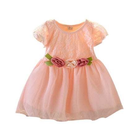 

GWAABD Spring Dresses for Girls Pink Cotton Blend Toddler Baby Kids Girl Ruched Lace Floral Tulle Dress Princess Dresses Clothes L