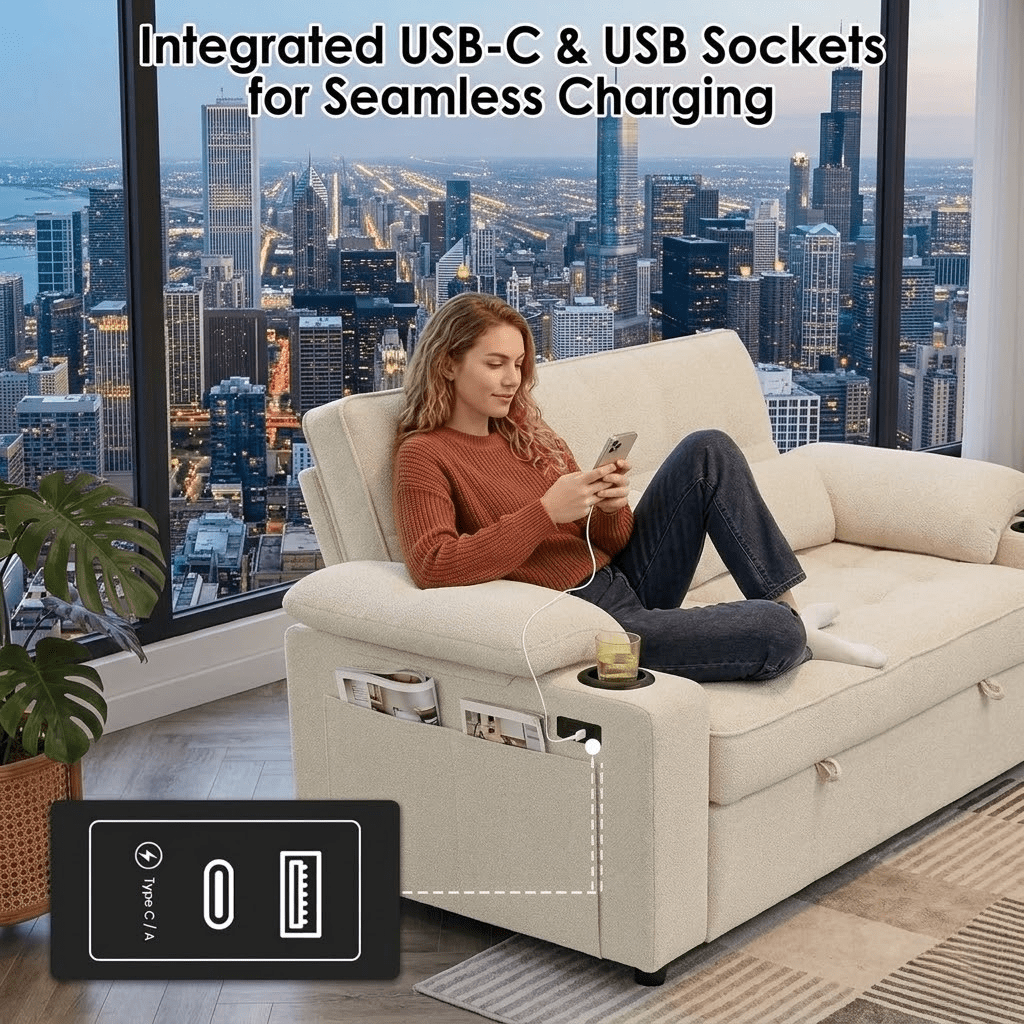 Howcool 58'' Convertible Sofa Bed with Pull-Out Bed, 3-in-1 Loveseat Sleeper Sofa, Adjustable Backrest, USB Port, Cup Holders and Side Pocket, Sofa Couch for Living Room,Beige