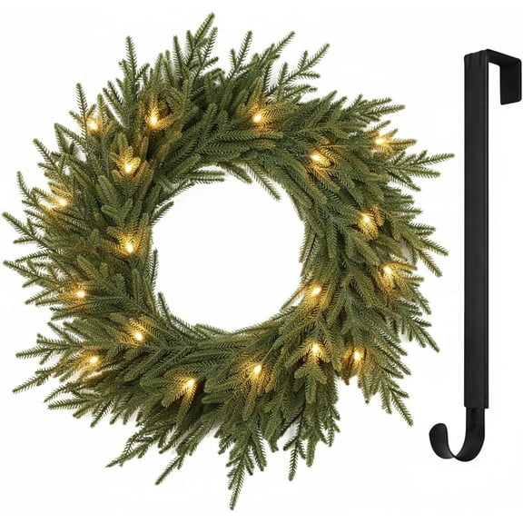 22” Norfolk Christmas Wreath, with Led Lights Artificial Real Touch Pine Greenery Branches,  for Front Door Winter Outdoor Indoor Wall Decorations