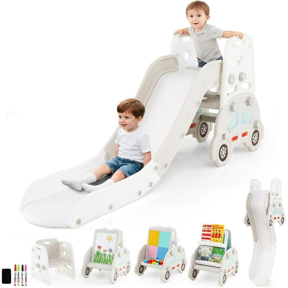 OLAKIDS Toddler Slide, 5 in 1 Indoor Outdoor Car Themed Foldable Baby Playground Playset with Magnetic Drawing Whiteboard Building Block Book Rack Table and Chair Set
