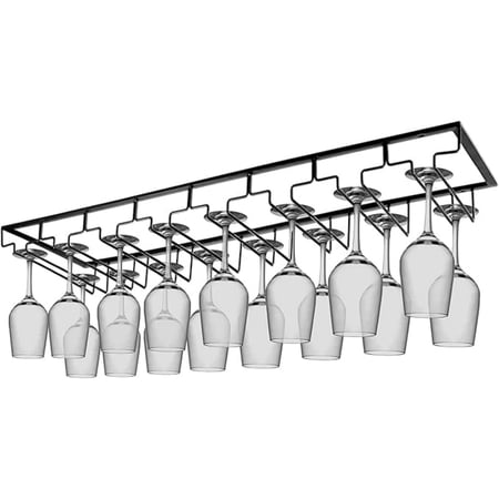 Wine Glass Rack Under Cabinet 8 Row Extreme Large Stemware Hanger Metal Wine Glass Holder DIY Bar Glass Storage Rack for Bar Counter Kitchen Screws Included (Black)