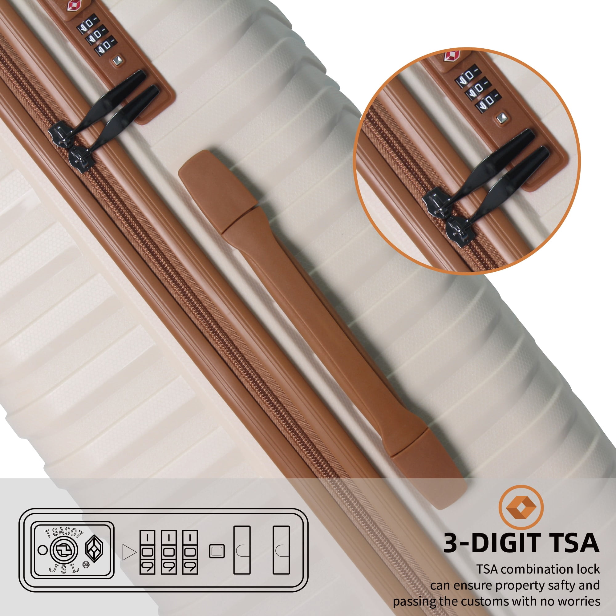 MAYEERTY 3-Piece Luggage Set, Polypropylene Hardshell Suitcase with Spinner Wheels & TSA Lock, Beige Brown