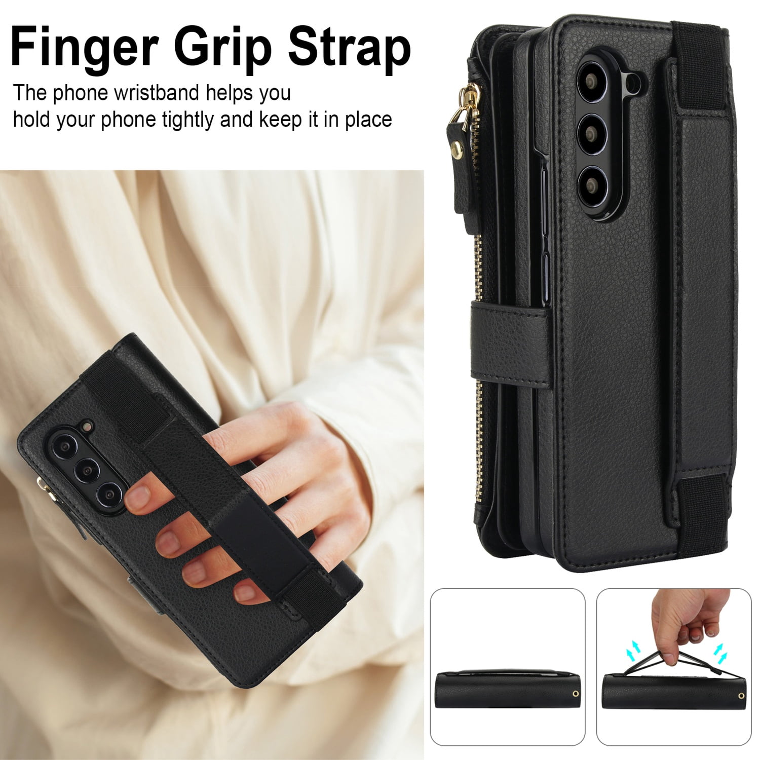 Allytechgroup for Samsung Galaxy Z Fold 7 Case Wallet, 7 Cards Slots Cash Zipper Pocket S Pen Holder Hand Strap Wrist Flip Cover Protective Phone Case for Samsung Galaxy Z Fold 7,Black