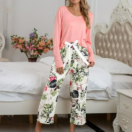 

Miayilima Women Casual Pajamas Sets Long Sleeve Tops And Long Pants Printing Sleepwear Two Piece Set