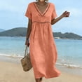 thumbnail image 2 of Summer Fashion Dresses for Womens 2026 Plus Size Cotton And Linen Solid Color Dress Short Sleeved V-neck Lace Trimmed Loose Casual Summer Beach Dress, 2 of 9