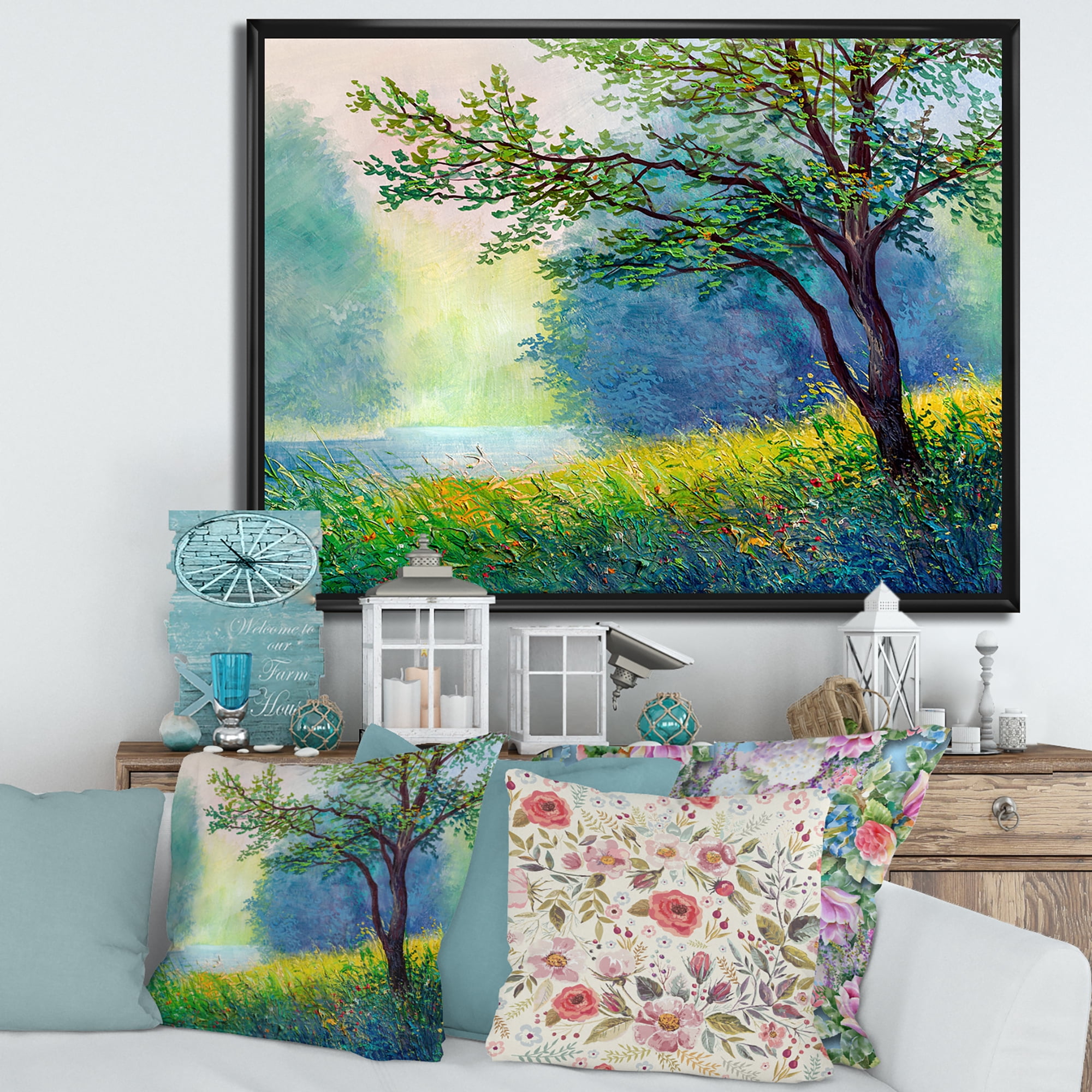 Designart 'Summer Forest With Waterfall and River ' Traditional Framed Canvas Wall Art Print