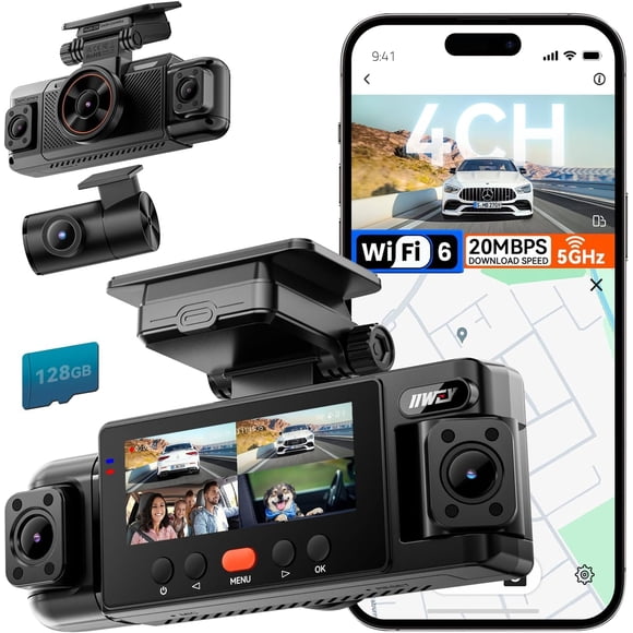 Cámara para auto IIWEY N6 de 4 canales, 360°, WiFi 6, GPS, 128 GB