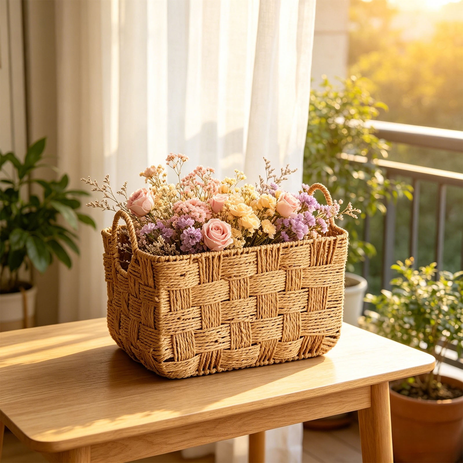 Woven Storage Basket Handwoven Plastic Organizer Bin With Carry Handles Large Household Storage Container For Clothes Books Toys Towels Sundries Desktop Shelves Closets And Cabinets