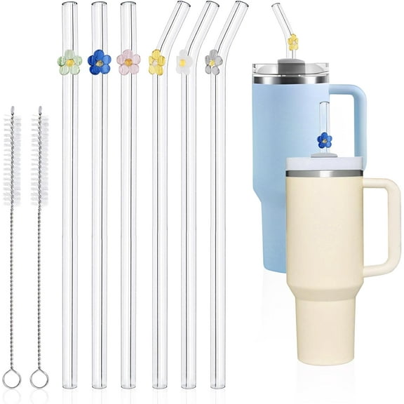 thovorrnl 6 Pcs Clear Glass Straws Shatter Resistant, with Charms, 2 Cleaning Brush, 12" x 10mm