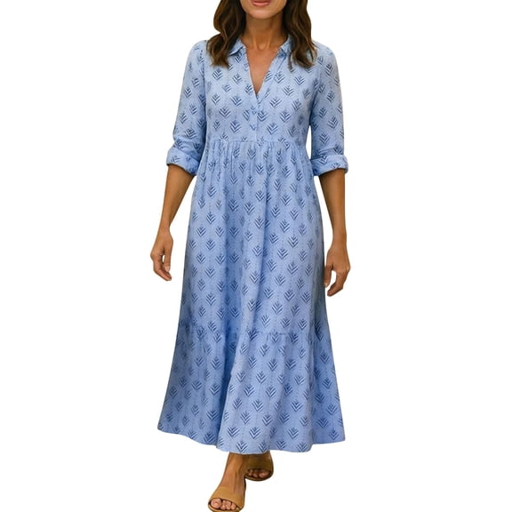 Hduncf Women's Boho Floral Print Long Sleeve Maxi Dress Fashion Summer Casual V Neck Flowy Ruffle Long Dresses Blue L