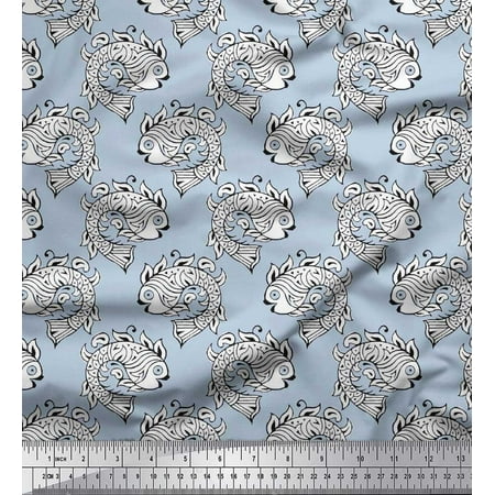 Soimoi Poly Georgette Fabric Fish Block Print Fabric by The Yard 52 Inch Wide