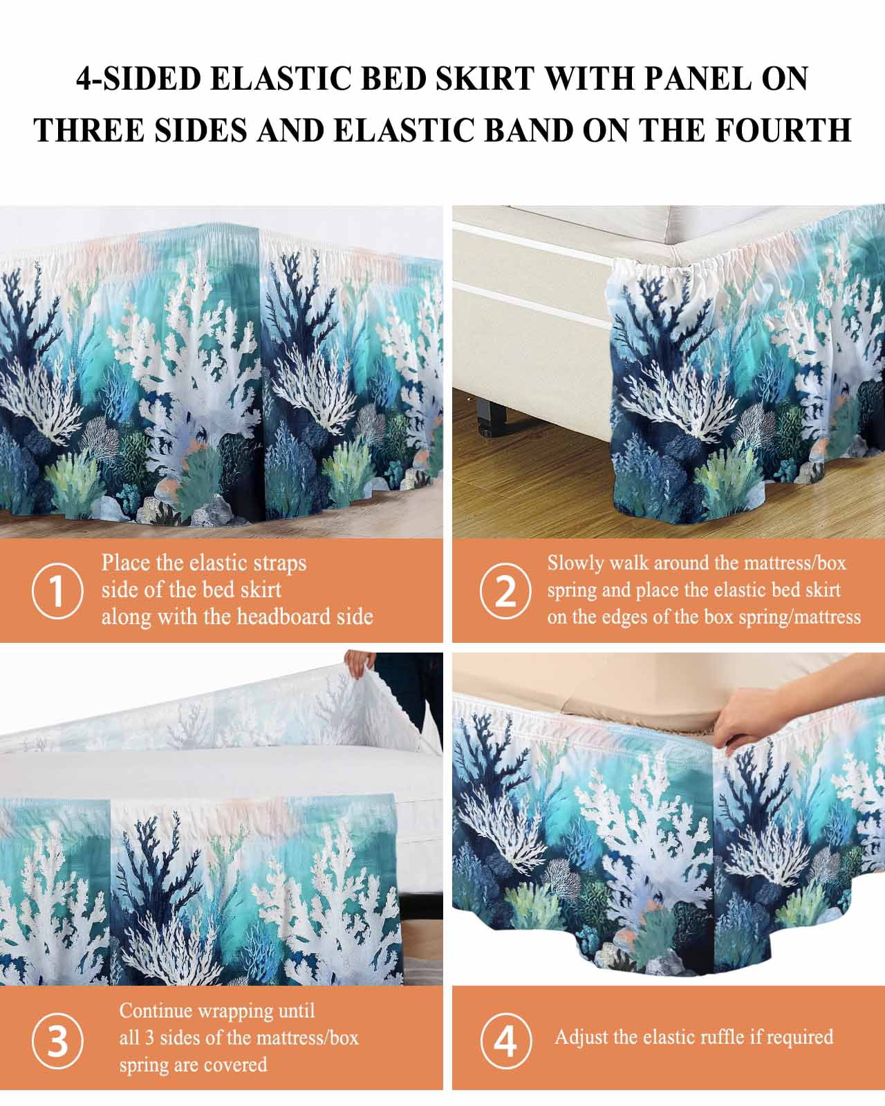 Coastal Ocean Wrap Around Bed Skirts for Queen Bed 16" Drop, Bed Skirt with Adjustable Elastic Belt Dust Ruffle Bed Valance for Bedroom Hotel Luxury Summer Vintage Colorful Coral Bed Frame Cover