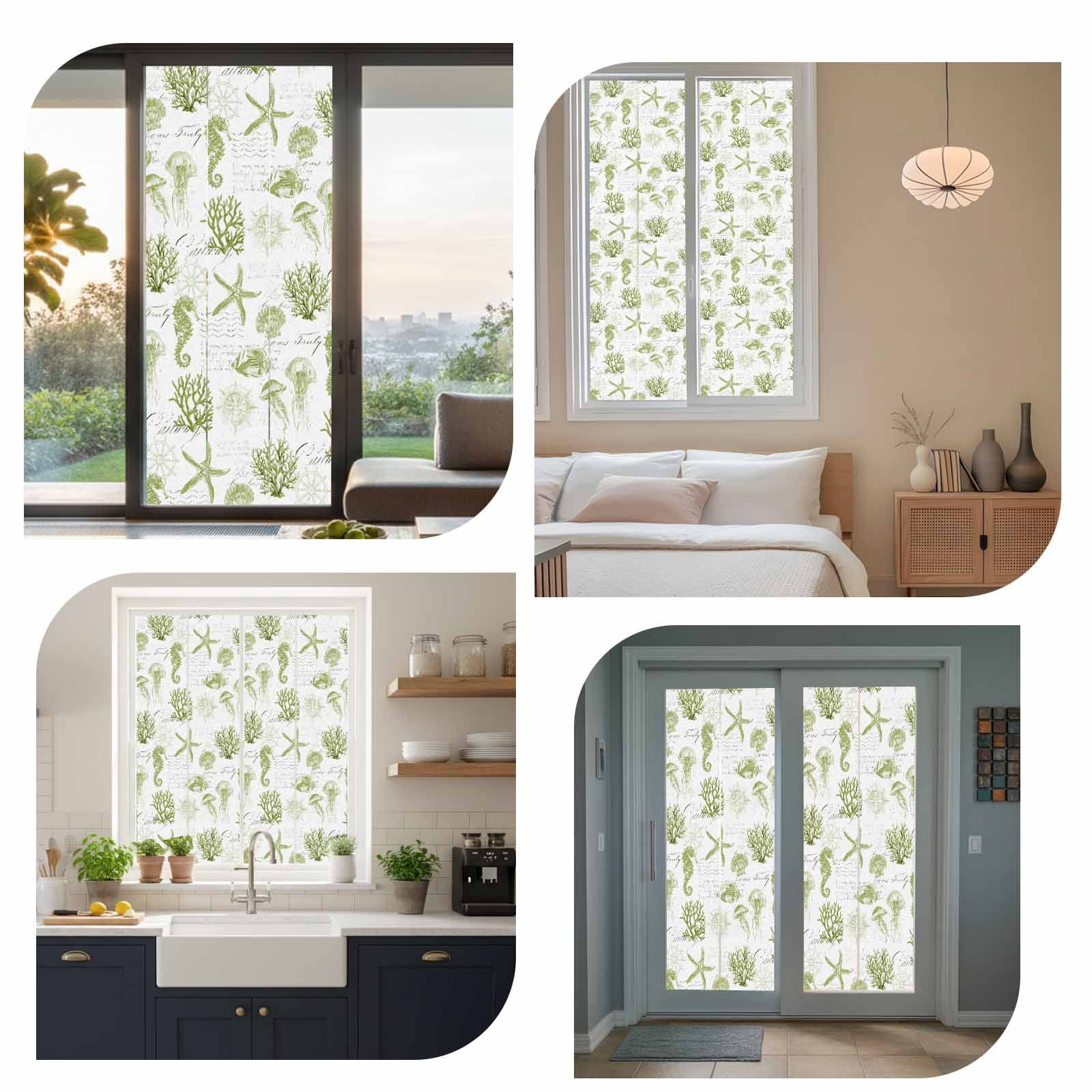 Seahorse Coral Shell Window Privacy Film, Starfish Ocean Frosted Glass Window Clings Static Cling UV Heat Blocking Reusable Door Sticker for Bathroom 23.6 x 59 Inch