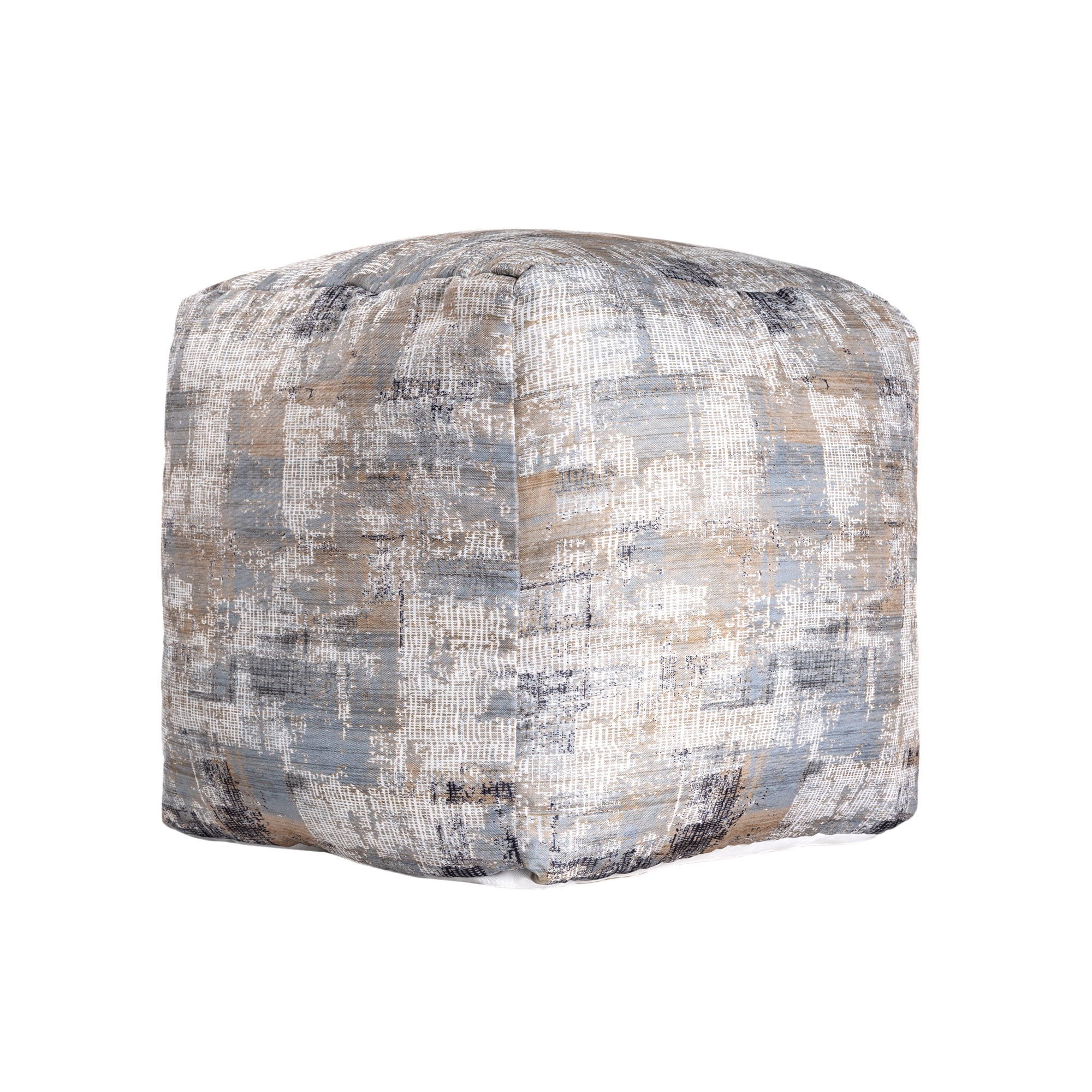 Ox Bay Orlando Taupe/Blue Abstract Medium Square Indoor Pouf Ottoman, 18" H x 18" W