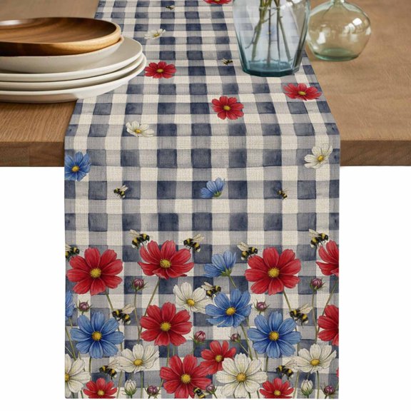 Red Blue Floral Table Runner 72 Inches, Independence Day Flowers Black Buffalo Plaid Bed Runner Dresser Scarves Tabletop for Indoor Outdoor Parties/Ceremony/Banquet, 13" x 72"