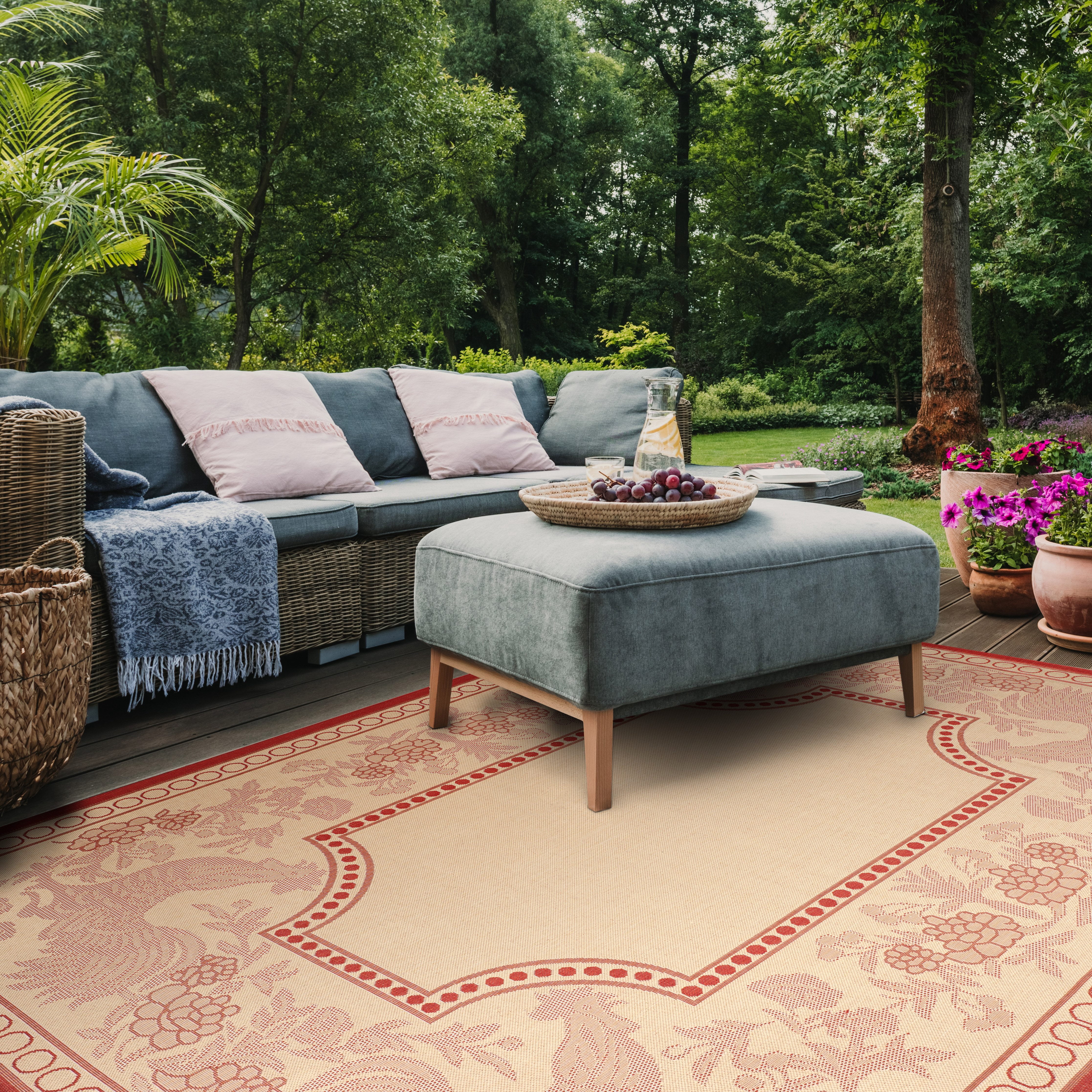 SAFAVIEH Courtyard Claire Oriental Indoor/Outdoor Area Rug, Natural/Red, 8' x 11'