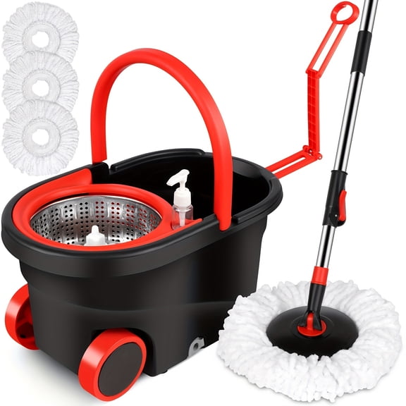 Spin Mop and Bucket with Wringer Set, Wheeled Floor Spin Mop System with 4 Microfiber Replacement Heads, Stainless Steel Handle for Hardwood Tile Floors Home Cleaning