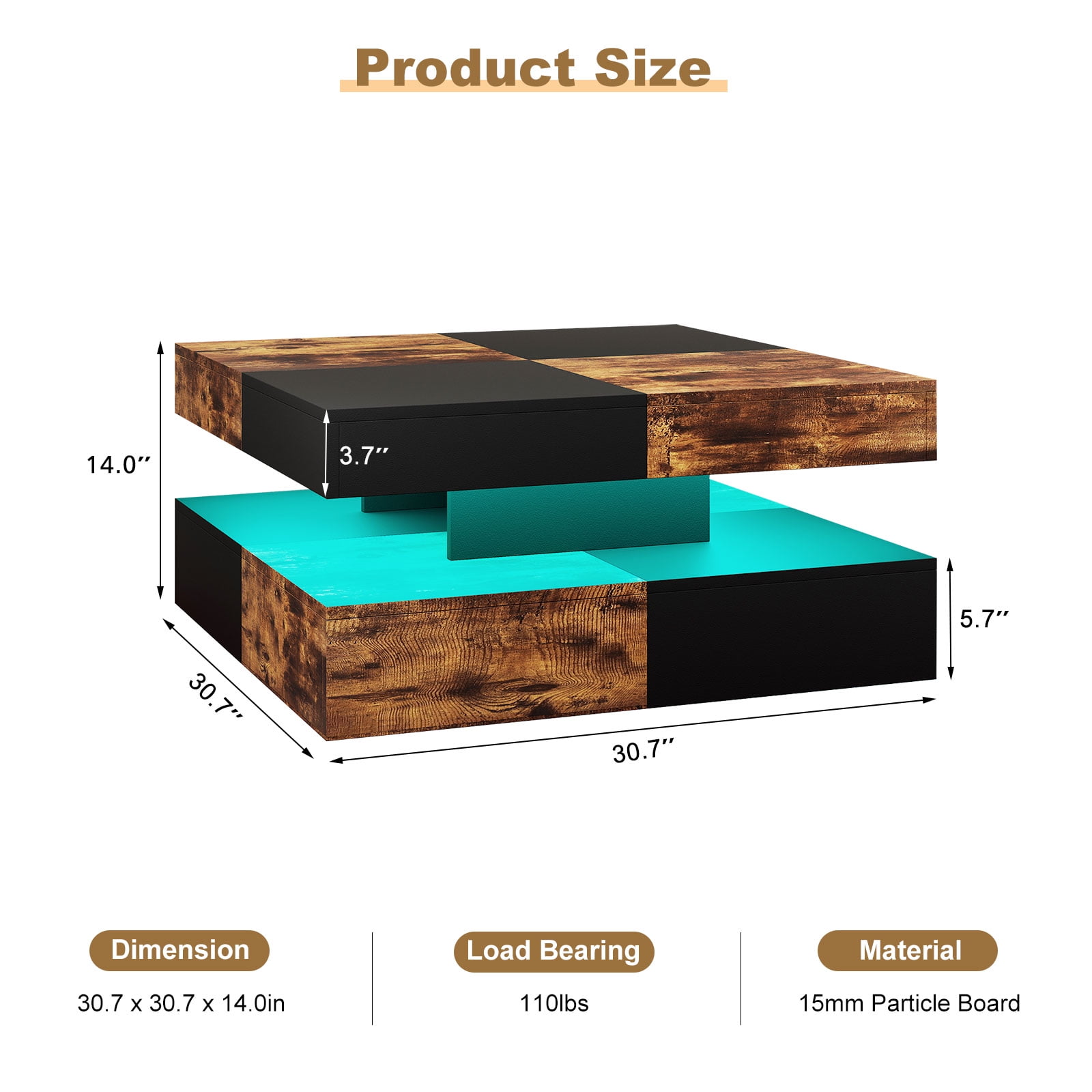 Hironpal Modern Rustic Brown Square LED Coffee Table - 2-Tier Storage, 16-Color LED Light, Contemporary Cocktail Tea Table for Home Office Reception