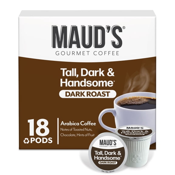 Maud's Dark Roast Coffee Pods, Tall Dark and Handsome, Compatible w/ K-Cup Brewers, 18ct