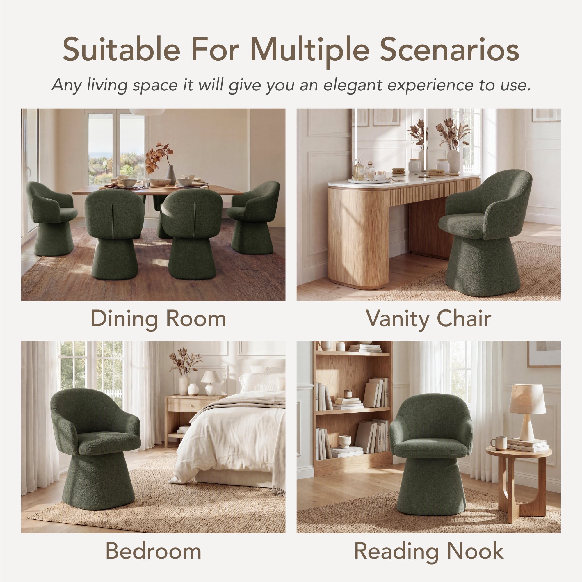 Spruce & Spring 360° Swivel Dining Chair, Spill-Proof & Stain Resistant Barrel Armchair with Rotating Base, Modern Upholstered Seat and Removable Back Support Pillow for Kitchen Living Room, Green