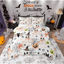 Manfei Child Bow Ghost Full Size Comforter Sets, Kawaii Bat Spider Bedding Comforter Set, White Orange Cartoon Halloween Reversible Bedding Sets, Ultra Soft Home Decor, 3pcs