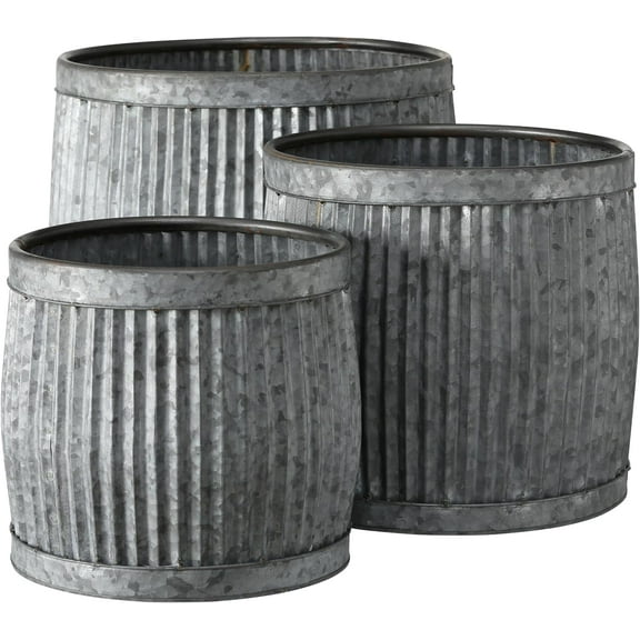 French Country Style Belly Bucket Planters, Set of 3, Galvanized Metal , Corrugated Cache Pots, Rustic Wash Basin, From Over 1 Ft Diameter (17 - 12 Inches)