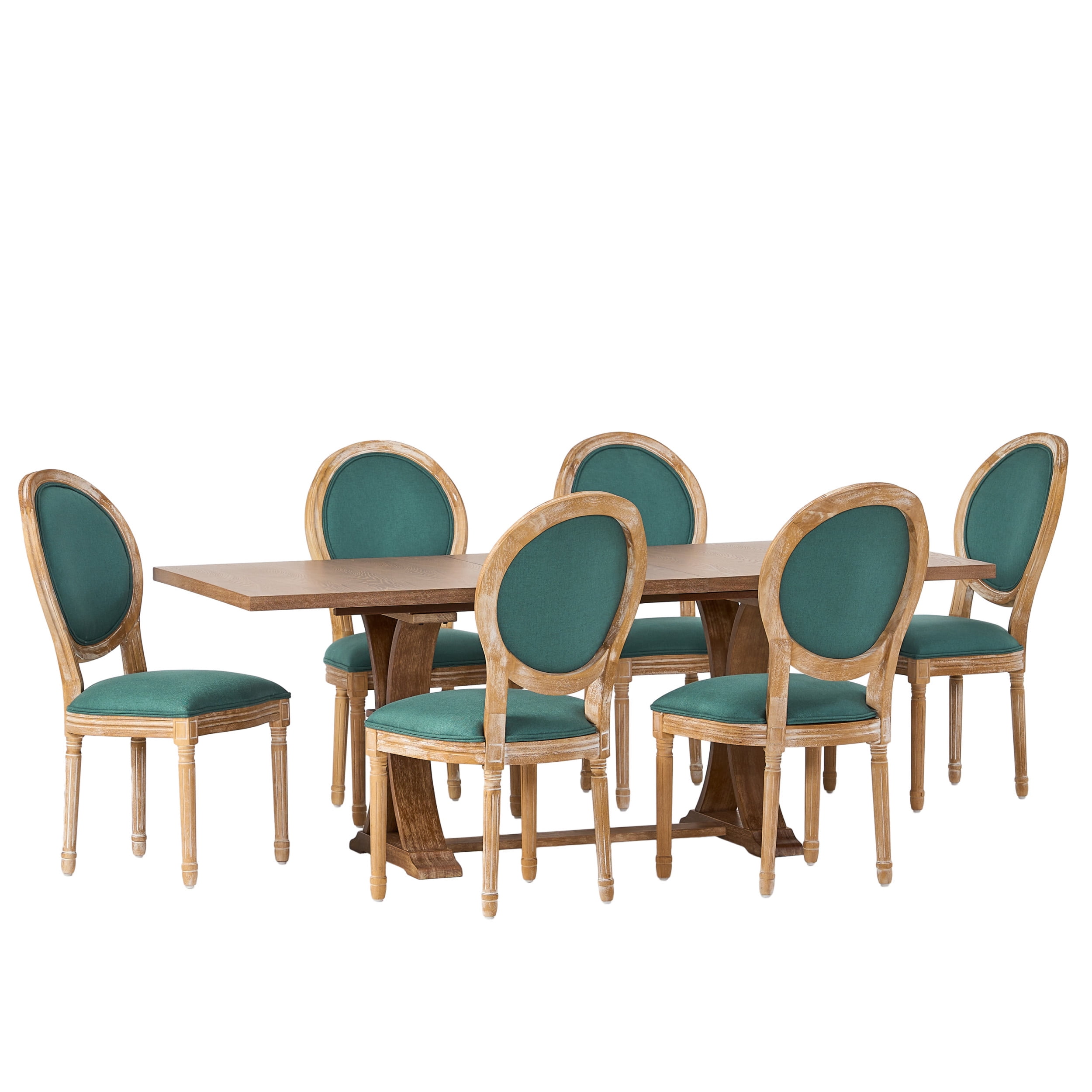 Noble House Dored Fabric and Wood 7 Piece Dining Set, Dark Teal and Natural