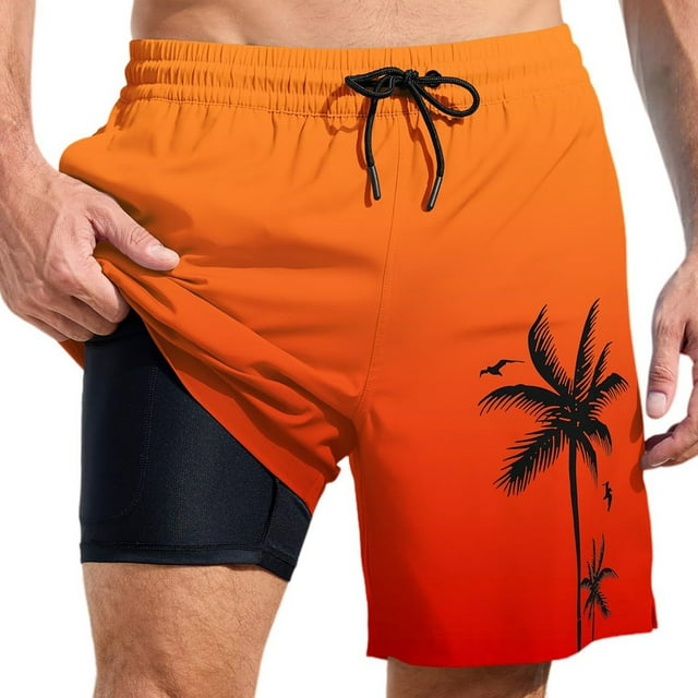 YUEVE Beach Shorts for Men 2 in 1 Compression Liner 7 Inch Inseam, Mens Swim Trunks Gradient Hawaiian Print Quick Dry Bathing Suit with Pockets Orange XXXL