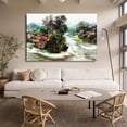 thumbnail image 2 of Un paisaje rural sereno con un río sinuoso, barcos en el agua, árboles, casas y un puente distante. Póster en lienzo. Decoración para dormitorio. Paisaje deportivo. Decoración para oficina. Regalo., 2 of 8