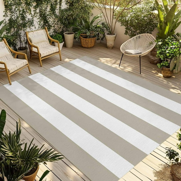 Fsddascl Beige Stripes Outdoor Rug for Patio/Deck/Porch, Non-Slip Large Area Rug 4 x 6 Ft, Simple Beige White Texture Indoor Outdoor Rugs Washable Area Rugs, Reversible Camping Rug Carpet Runner