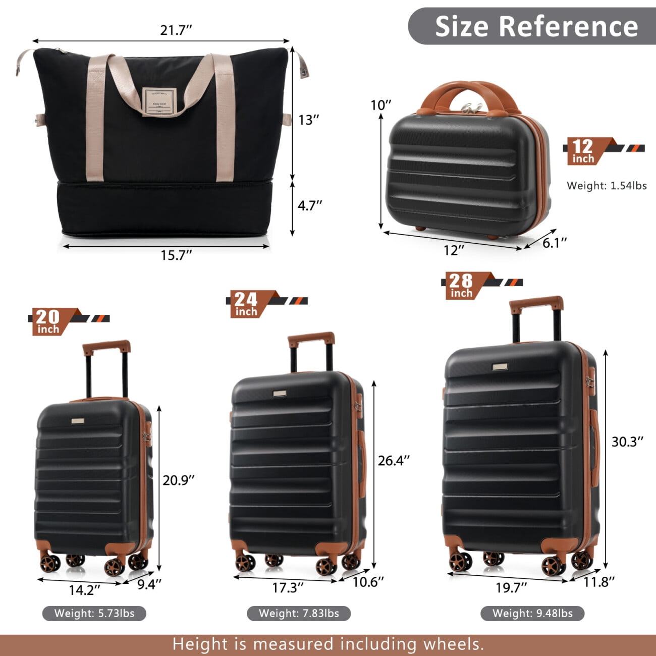 4-Piece ABS Hard Shell Luggage Set with Spinner Wheels & TSA Lock, Lightweight Suitcases for Men & Women Travel 12/20/24/28 Inch Black