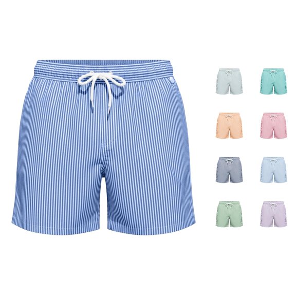 SONXAHE Men's Vertical Stripe Swim Shorts Drawstring Elastic Waist Beach Bottoms Blue Size L
