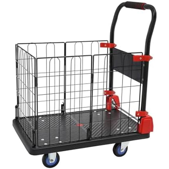 Platform Truck Cart with Cage, 330 Lbs Capacity Foldable Dolly Hand Truck, Portable Platform Cart, Dolly Cart with Wheels for Industrial Warehouse Luggage Moving