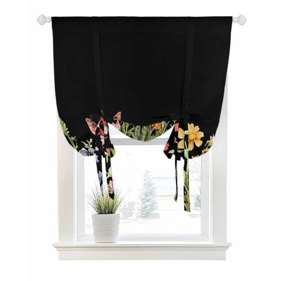 Spring Flowers Botanical Tie Up Curtains for Window, Thermal Insulated Balloon Shade Adjustable Rod Pocket Curtains Valance Panels for Kitchen Bathroom Cafe 52 x 63 Rustic Butterfly Floral