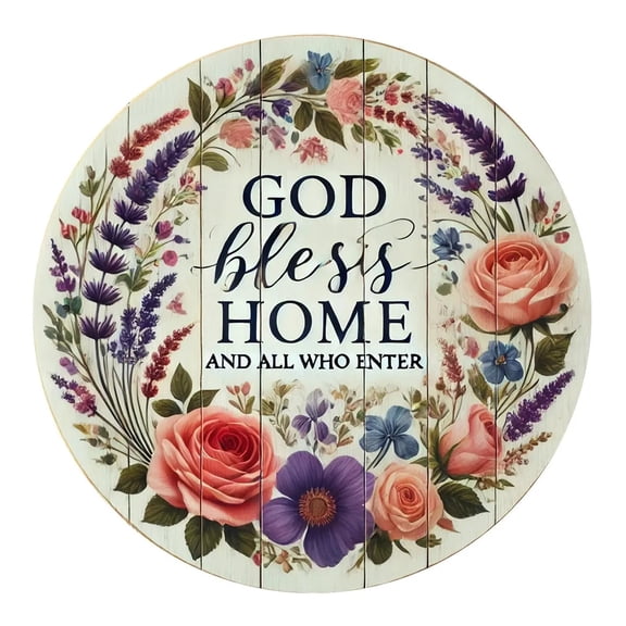 HELLOYOUNG God Bless This House Wreath Wall Decor, Rustic Farmhouse Metal Sign with Pastel Flowers, 7.87" Round Durable Aluminum for Kitchen Entryway