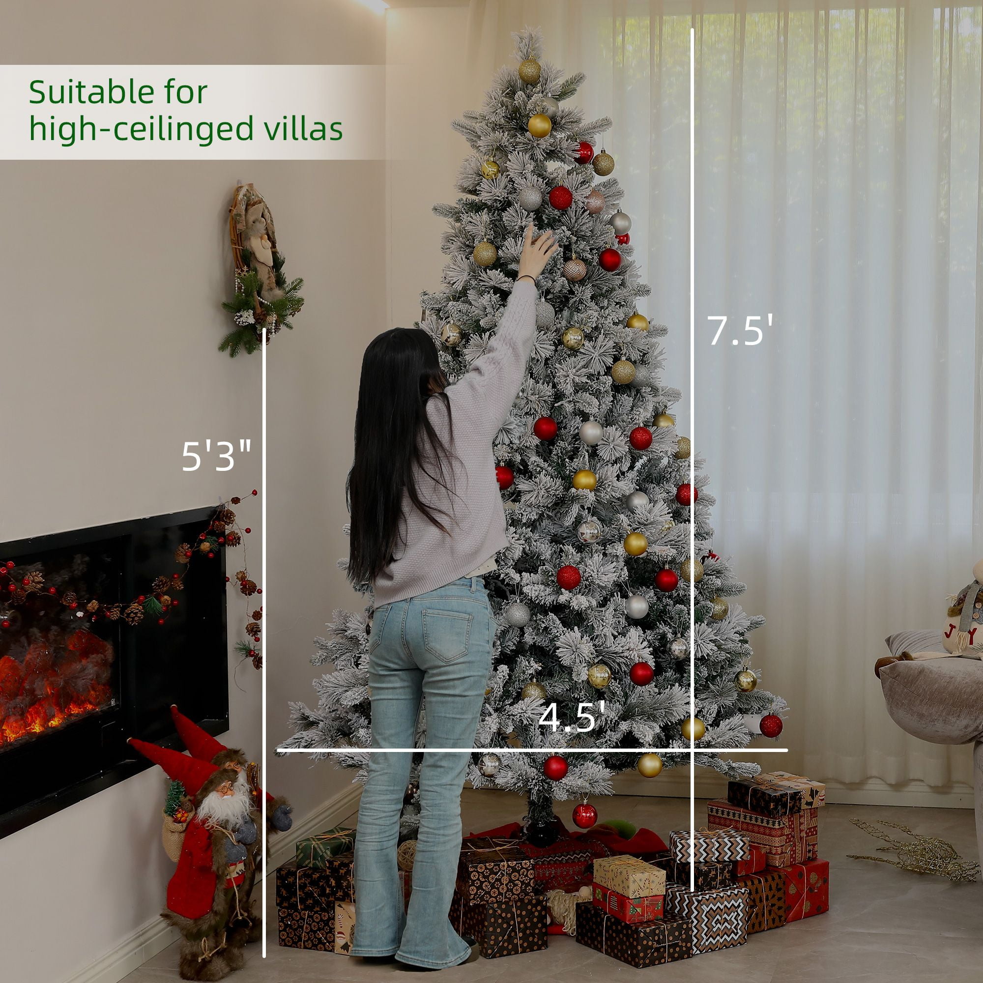 7.5 ft Prelit Flocked Christmas Tree with 500 Clear Lights, 1530 Tips, Steel Frame and Metal Stand for Indoor Holiday Display