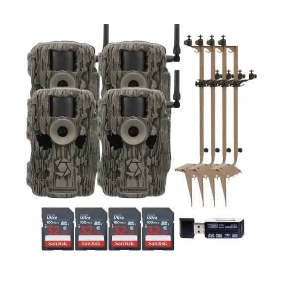 Stealth Cam 36MP Fusion Max Cellular Trail Camera with 80-Feet Detection Range (2-Pack) x 2 Bundle with Mounting Post (4-Pack), 32GB UHS-I Memory Card (4-Pack), and 4-in-1 Card Reader (11 Items)