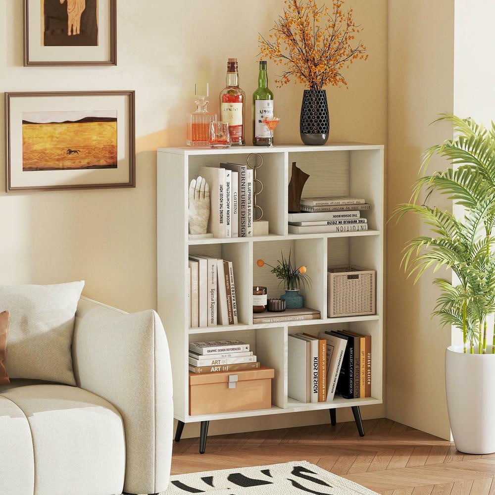 Resenkos 7-Cube Bookcase with 5 Tapered Metal Legs, White + Black