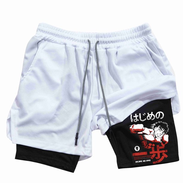 Pantalones cortos de compresión con estampado de Anime para hombre, Shorts de gimnasio de rendimiento atlético con bolsillos, secado rápido, Fitness, entrenamiento, boxeo, 2 en 1