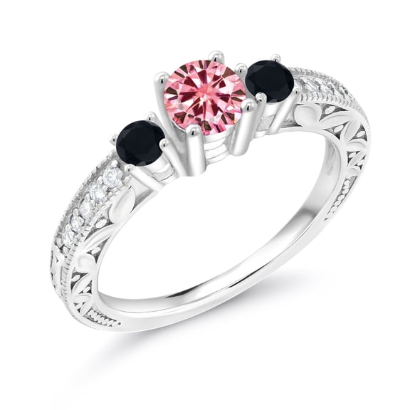 Gem Stone King 925 Sterling Silver 3-Stone Ring Round Pink Moissanite and Onyx Black (0.83 Cttw, Size 8)