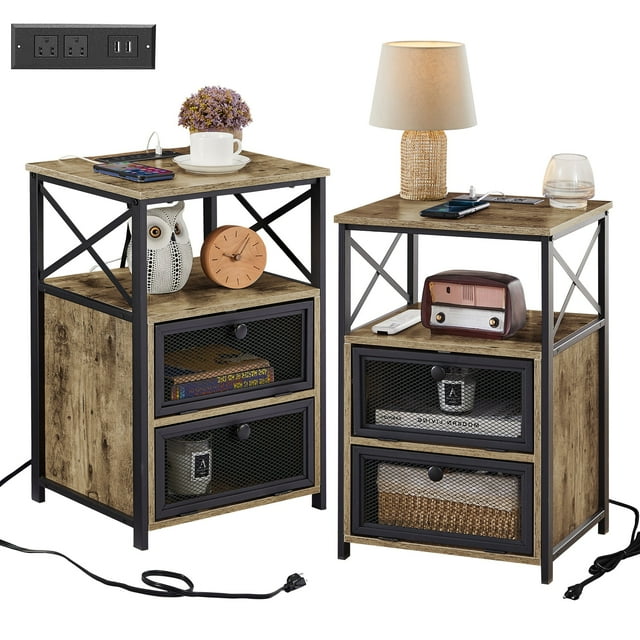 VECELO Ensemble de 2 Tables de Nuit avec Station de Recharge, Table d'Appoint de Canapé avec 2 Tiroirs pour Chambre, Salon, 2 Ports USB et 2 Prises de Courant, Gris