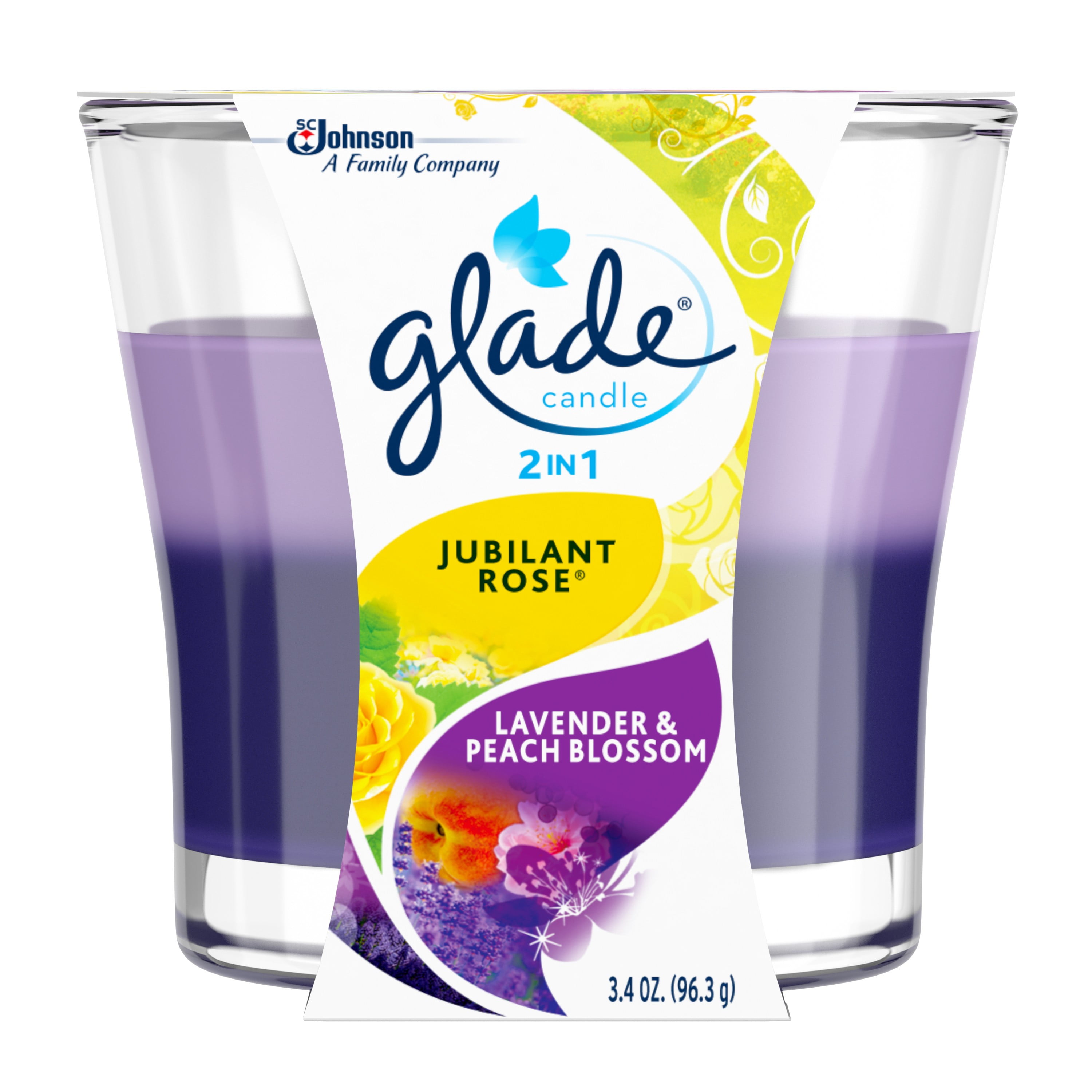 Glade Candle, 2 in 1 Jubilant Rose & Lavender and Peach Blossom, 3.4