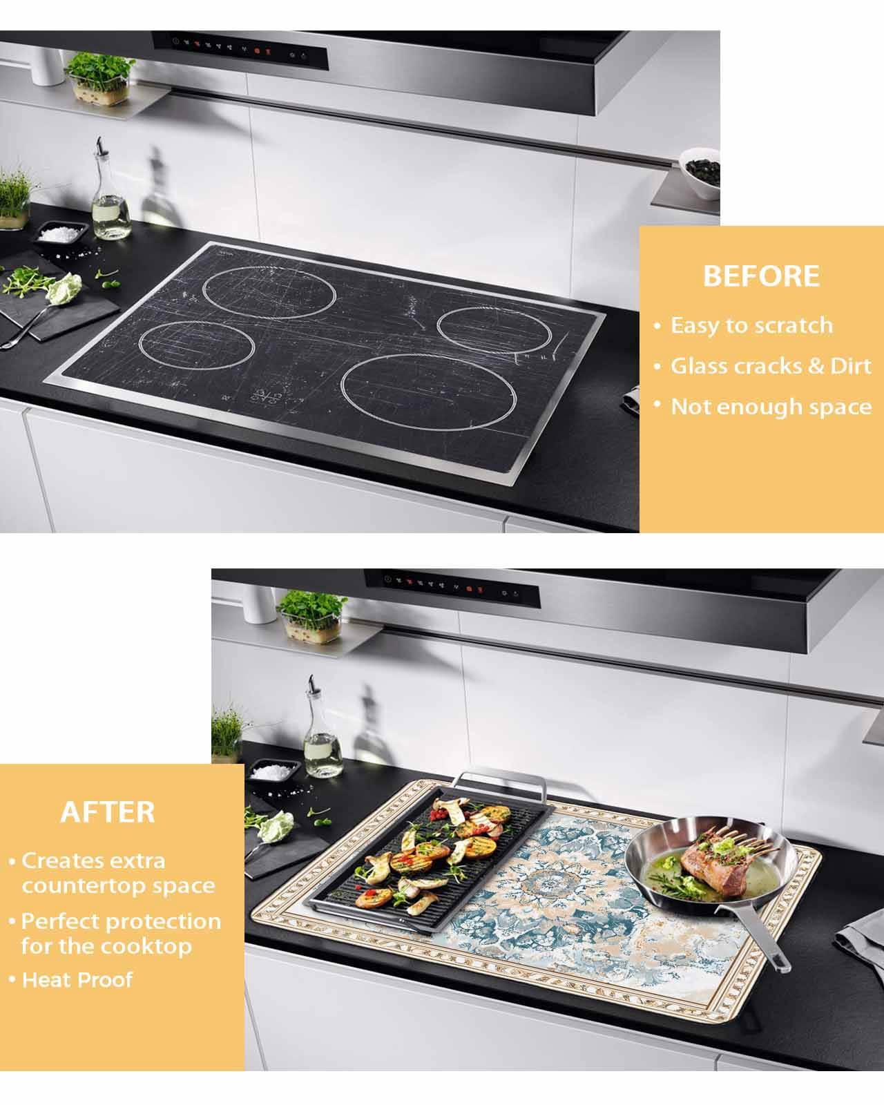 nqOlkjepod Large Induction Cooktop Protector Mat 24"x21", Blue Bohemia Stove Top Covers for Electric Stove, Boho Aztec Ethnic Abstract Flowers Pattern Stove Burner Cover Mats, Glass Top Stove Cover
