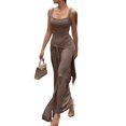 thumbnail image 3 of Women'S Summer Square Collar Sleeveless Tank Dress Sexy- Double Lined Bodycon Maxi Long Dresses Khaki L, 3 of 9