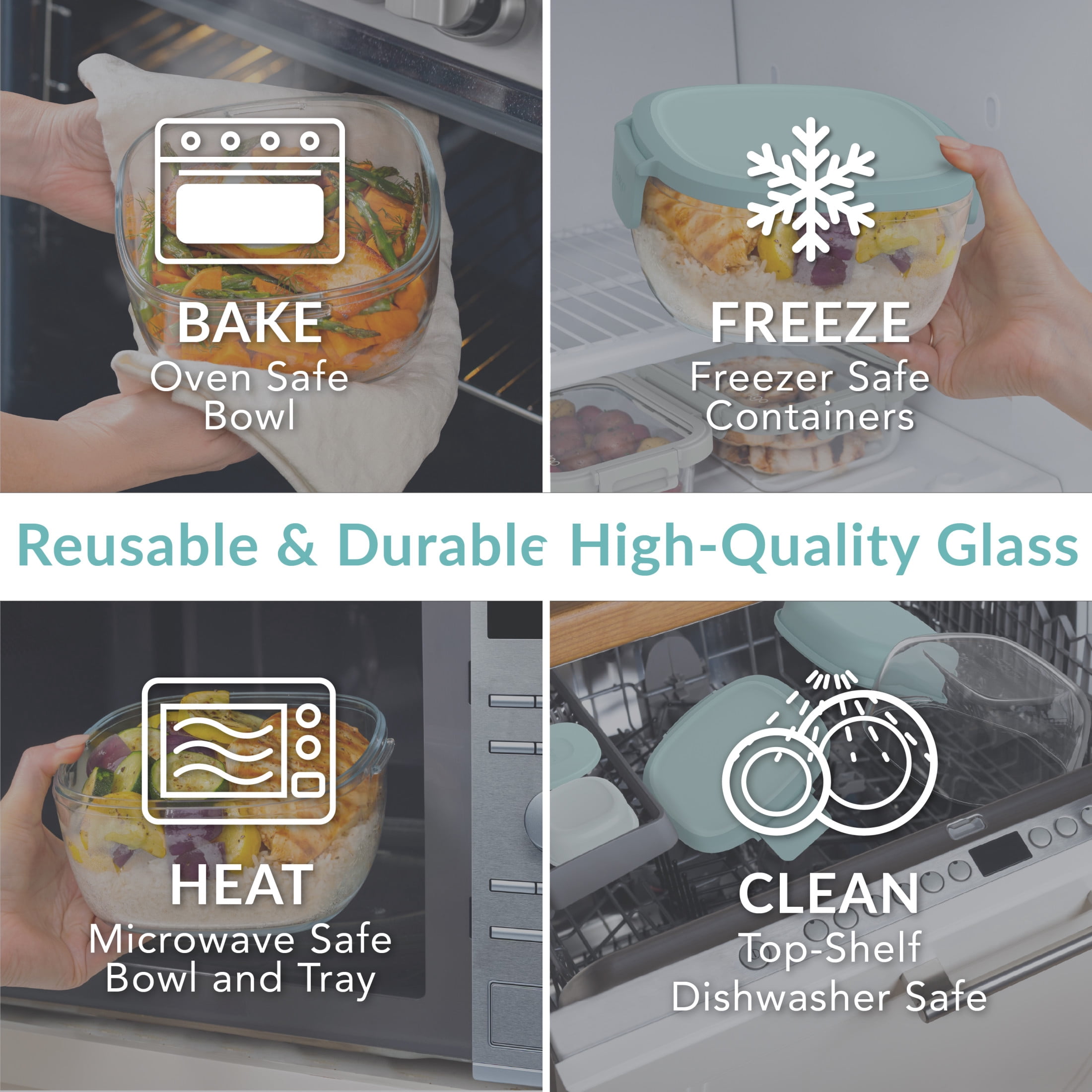 Bentgo® Glass All-in-One Salad Container - Large 61-oz Salad Bowl with Lid, 4-Compartment Bento-Style Tray, Sauce Container & Reusable Fork - Dishwasher, Microwave, and Oven Safe - Coastal Seaglass