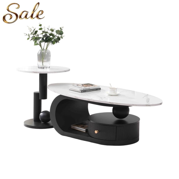 GZXS 2 Piece Nesting Table Set, Oval Coffee Table with Storage Drawer, Small Round Side Table, White Faux Marble Top with Black Metal Frame, for Living Room & Home Decor